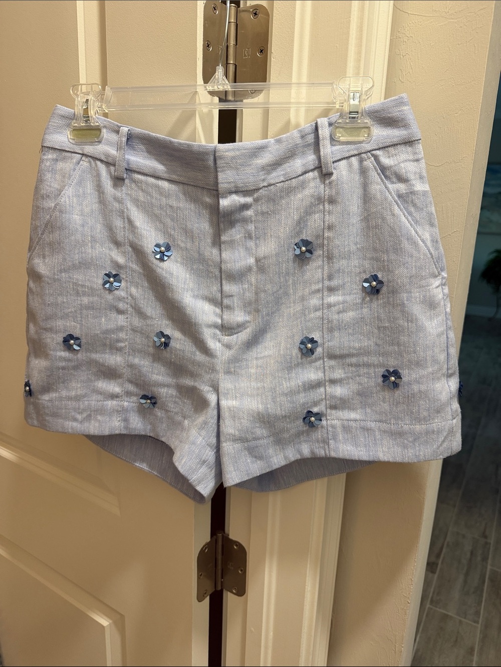 5 a 7 Cinq a Sept Light Blue Embellished Women’s linen and cotton blend Shorts